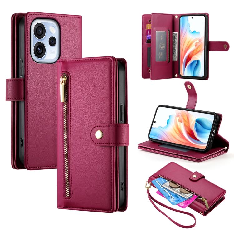 

For OPPO Reno15 FS 5G Nine Card-slot Zipper Wallet Bag Leather Phone Case(Red)