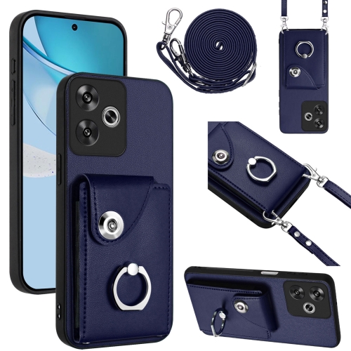 

For Xiaomi Poco F6 5G India Organ Card Bag Ring Holder Phone Case with Long Lanyard(Blue)