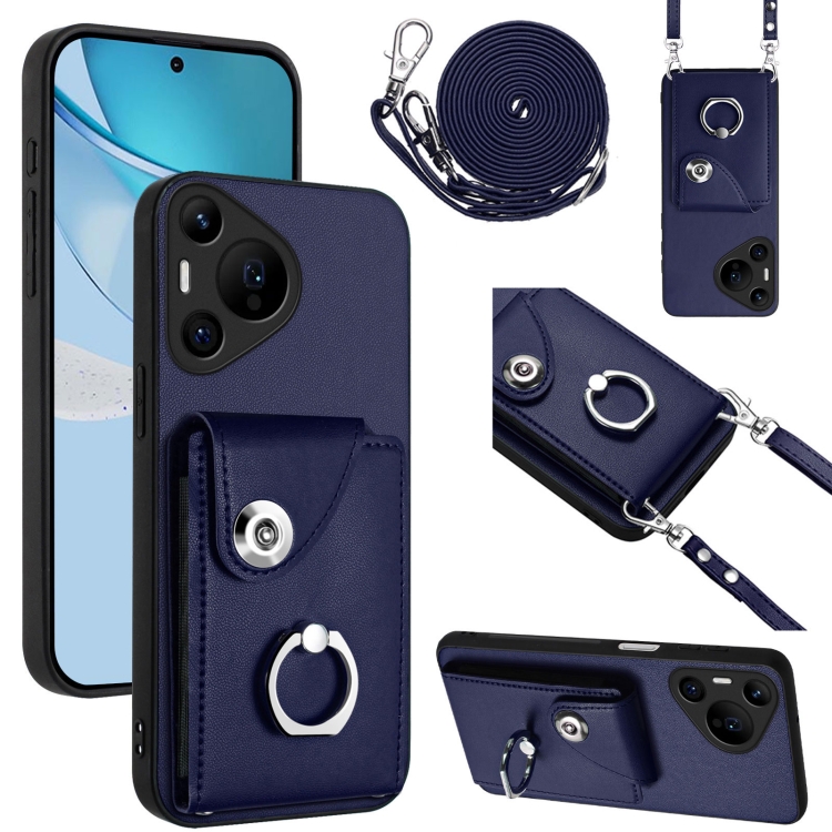 

For Huawei Pura 70 Pro / 70 Pro+ Organ Card Bag Ring Holder Phone Case with Long Lanyard(Blue)