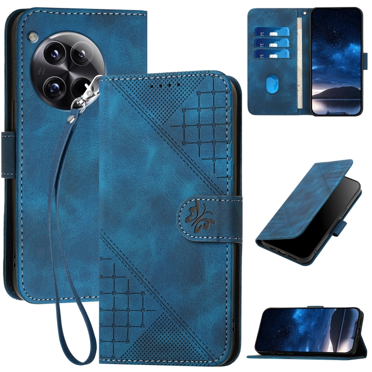 

For OnePlus 12 YX0080 Grid Butterfly Embossed Pattern Flip Leather Phone Case with Lanyard(Dark Blue)