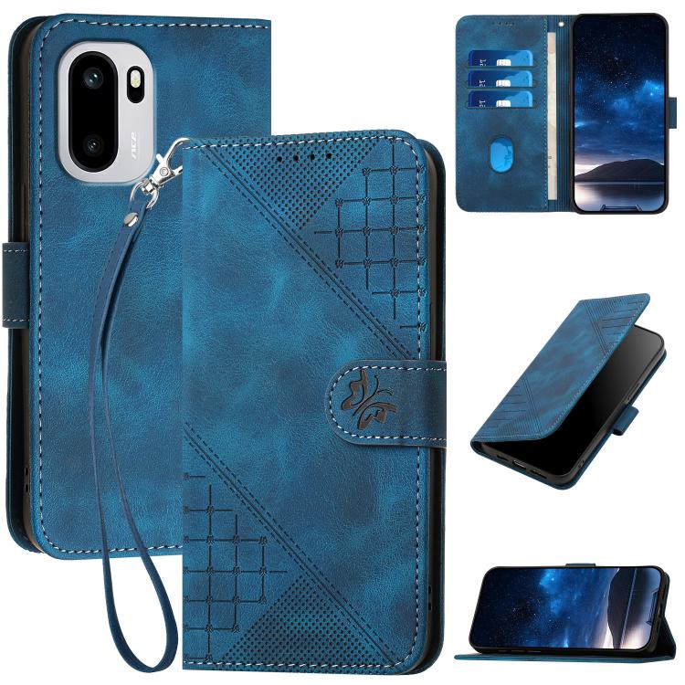 

For OnePlus Ace 6 Grid Butterfly Embossed Pattern Flip Leather Phone Case with Lanyard(Dark Blue)