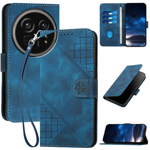 

For Sharp Aquos R9 Pro Grid Butterfly Embossed Pattern Leather Phone Case with Lanyard(Dark Blue)