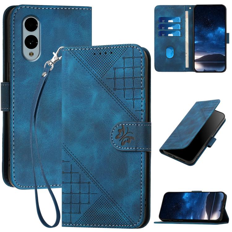 

For Fujitsu Arrows We2 Grid Butterfly Embossed Pattern Flip Leather Phone Case with Lanyard(Dark Blue)