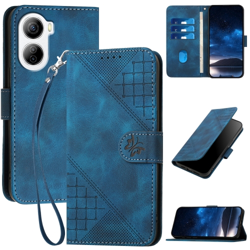 

For ZTE Libero 5G IV YX0080 Grid Butterfly Embossed Pattern Flip Leather Phone Case with Lanyard(Dark Blue)