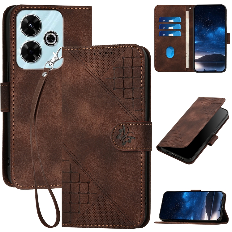 

For Redmi 13 Grid Butterfly Embossed Pattern Leather Phone Case with Lanyard(Coffee)