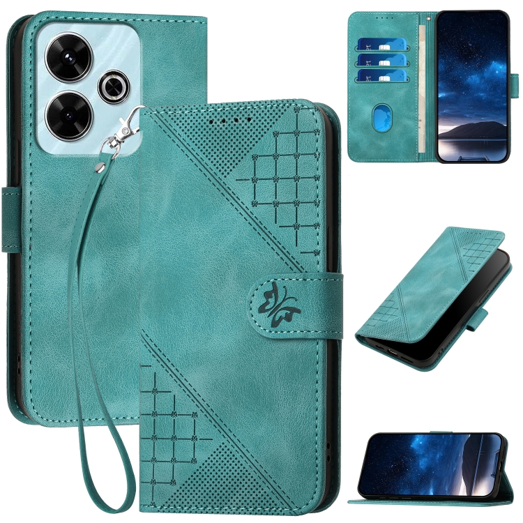 

For Redmi 13 Grid Butterfly Embossed Pattern Leather Phone Case with Lanyard(Light Blue)