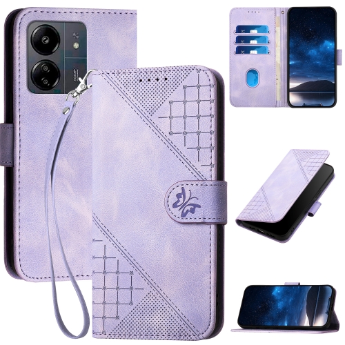 

For Redmi 13C YX0080 Grid Butterfly Embossed Pattern Flip Leather Phone Case with Lanyard(Light Purple)