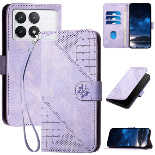 

For Redmi K70E YX0080 Grid Butterfly Embossed Pattern Flip Leather Phone Case with Lanyard(Light Purple)