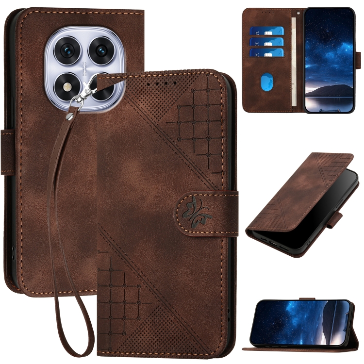 

For Redmi Note 14 Pro 5G Grid Butterfly Embossed Pattern Leather Phone Case with Lanyard(Coffee)