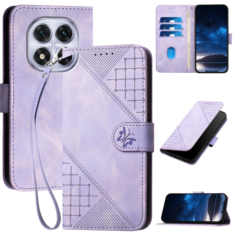 

For Redmi Note 14 Pro 5G YX0080 Grid Butterfly Embossed Pattern Leather Phone Case with Lanyard(Light Purple)