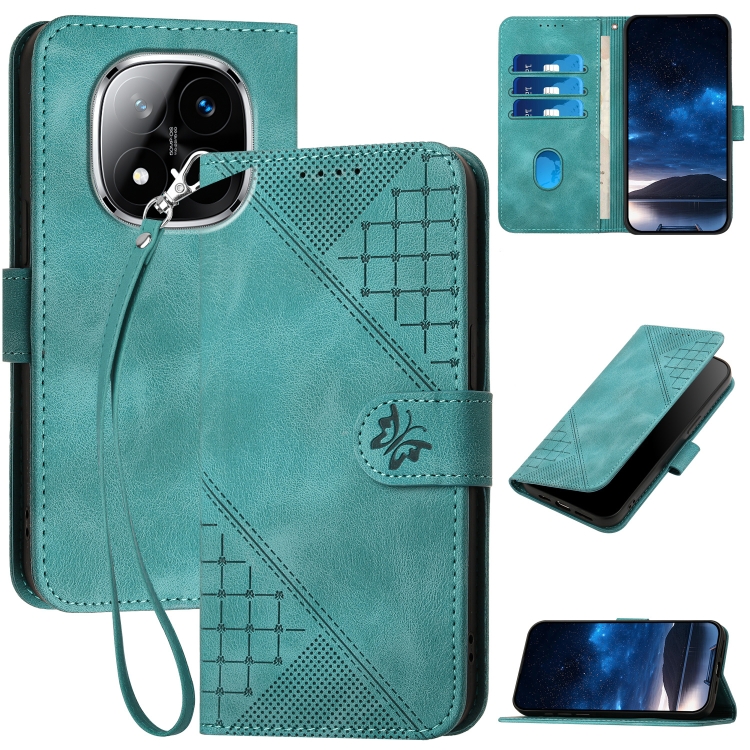 

For Redmi Note 14 Pro+ 5G Grid Butterfly Embossed Pattern Leather Phone Case with Lanyard(Light Blue)