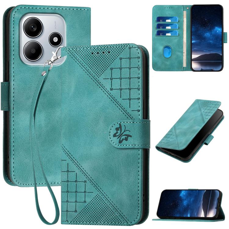 

For Redmi Note 14 4G 163.25mm YX0080 Grid Butterfly Embossed Pattern Leather Phone Case with Lanyard(Light Blue)