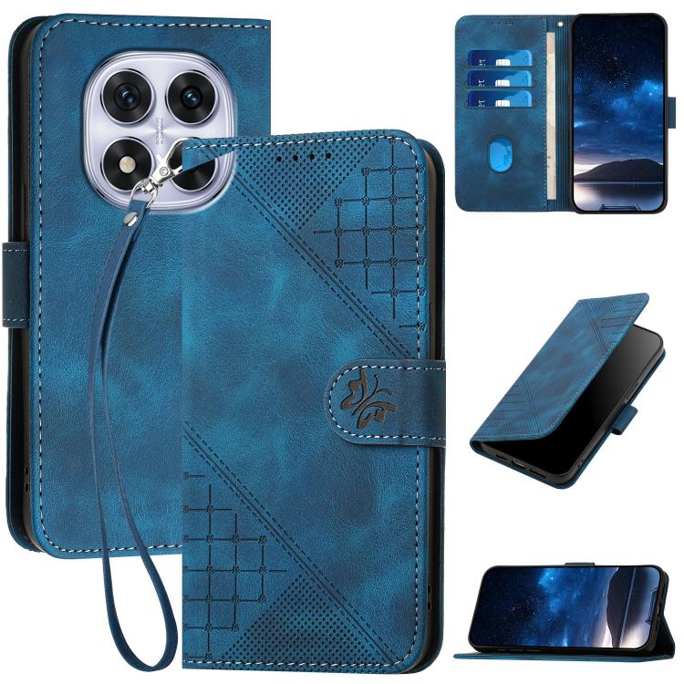 

For Redmi Note 14 Pro 4G Grid Butterfly Embossed Pattern Leather Phone Case with Lanyard(Dark Blue)