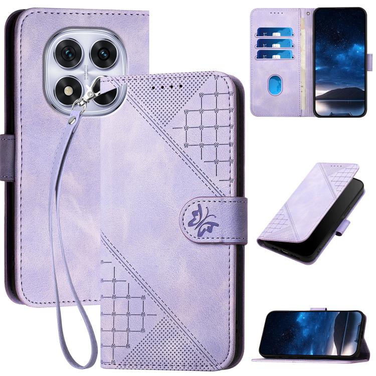 

For Redmi Note 14 Pro 4G YX0080 Grid Butterfly Embossed Pattern Leather Phone Case with Lanyard(Light Purple)