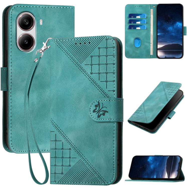 

For Redmi Turbo 4 / Xiaomi Poco X7 Pro Grid Butterfly Embossed Pattern Leather Phone Case with Lanyard(Light Blue)