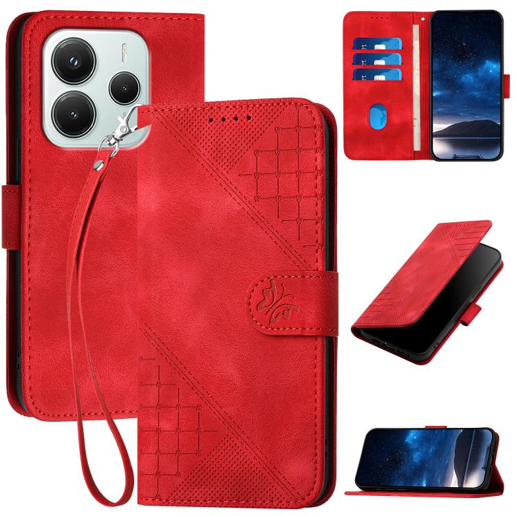 

For Redmi Note 14 4G 164.84mm Grid Butterfly Embossed Pattern Leather Phone Case with Lanyard(Red)