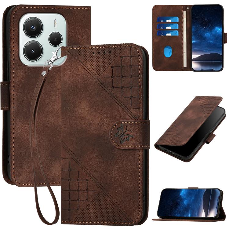 

For Redmi Note 14 4G 164.84mm Grid Butterfly Embossed Pattern Leather Phone Case with Lanyard(Coffee)