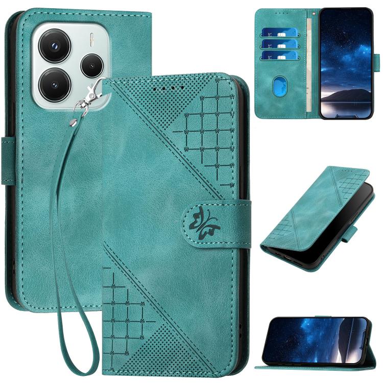 

For Redmi Note 14 4G 164.84mm Grid Butterfly Embossed Pattern Leather Phone Case with Lanyard(Light Blue)