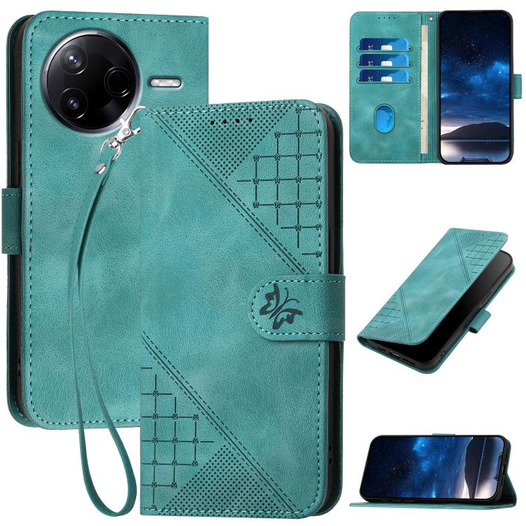 

For Redmi K80 / Xiaomi Poco F7 Pro Grid Butterfly Embossed Pattern Leather Phone Case with Lanyard(Light Blue)
