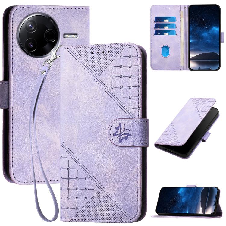 

For Redmi K80 / Poco F7 Pro Grid Butterfly Embossed Pattern Leather Phone Case with Lanyard(Light Purple)