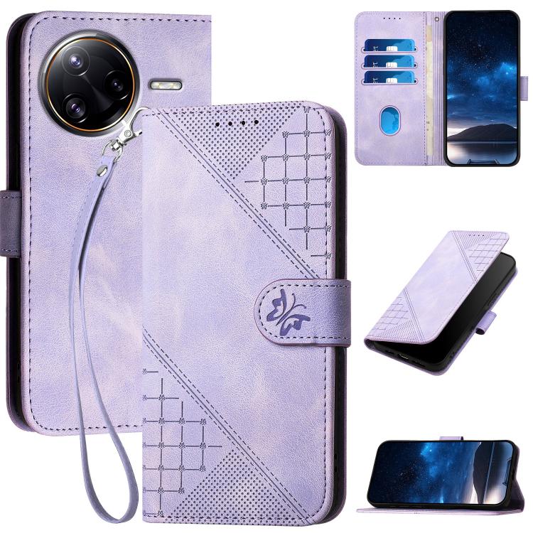 

For Redmi K80 Pro / Xiaomi Poco F7 Ultra Grid Butterfly Embossed Pattern Leather Phone Case with Lanyard(Light Purple)