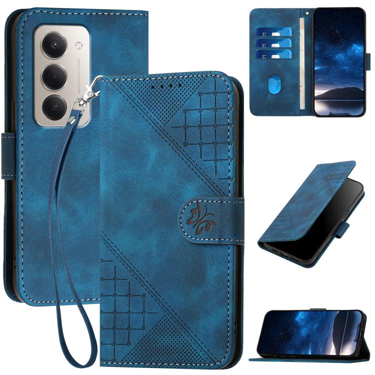 

For Redmi 15 5G Global / 15 4G SEA 169.5mm Grid Butterfly Embossed Pattern Leather Phone Case with Lanyard(Dark Blue)