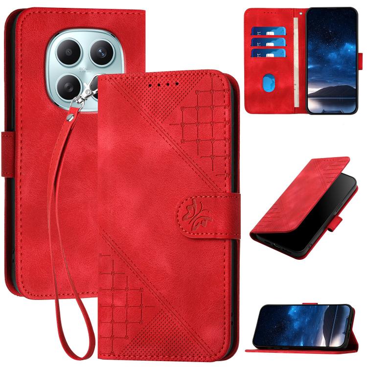 

For Redmi Note 15 4G / 5G 164mm / Poco M8 5G Grid Butterfly Embossed Pattern Leather Phone Case with Lanyard(Red)