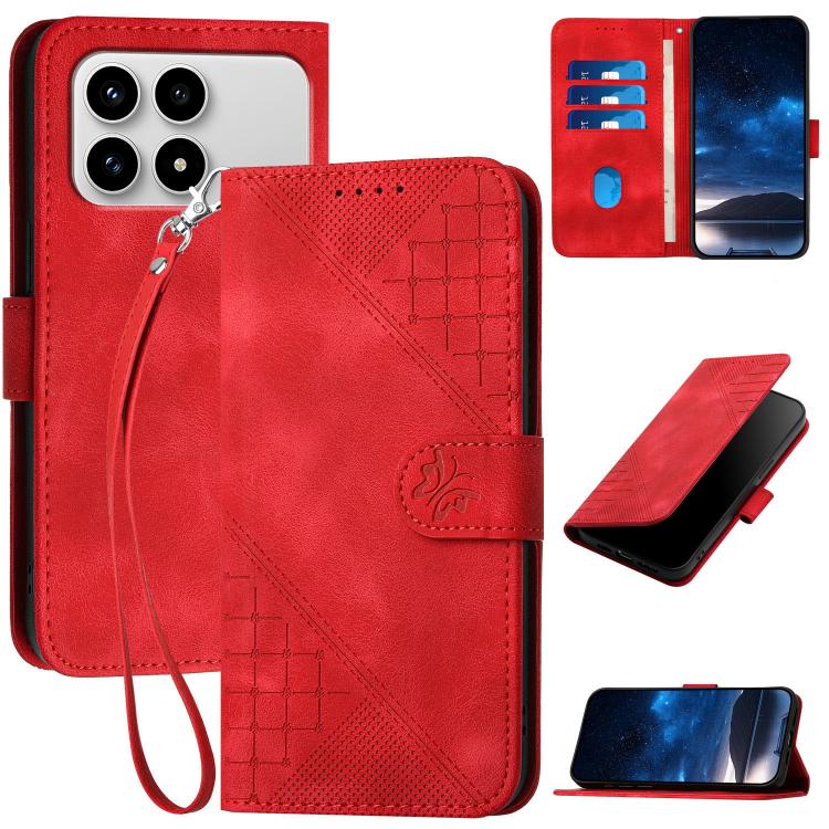 

For Redmi K90 / Xiaomi Poco F8 Pro 5G Grid Butterfly Embossed Pattern Leather Phone Case with Lanyard(Red)