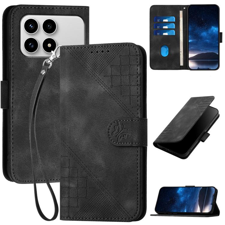 

For Redmi K90 Grid Butterfly Embossed Pattern Leather Phone Case with Lanyard(Black)
