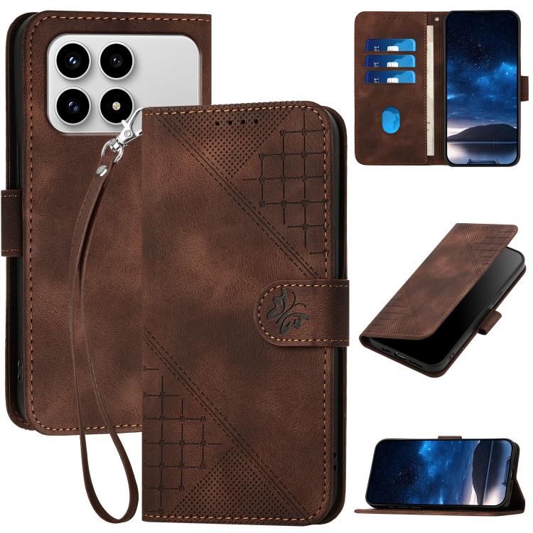 

For Redmi K90 / F8 Pro 5G Grid Butterfly Embossed Pattern Leather Phone Case with Lanyard(Coffee)