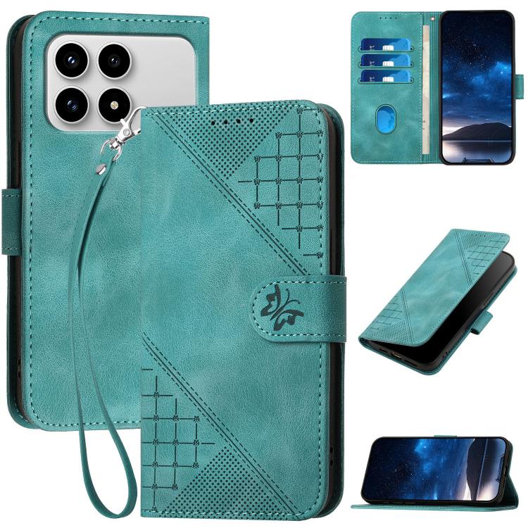 

For Redmi K90 / Xiaomi Poco F8 Pro 5G Grid Butterfly Embossed Pattern Leather Phone Case with Lanyard(Light Blue)