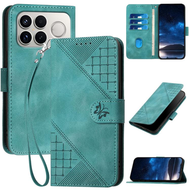 

For Redmi K90 Pro Max / Poco F8 Ultra Grid Butterfly Embossed Pattern Leather Phone Case with Lanyard(Light Blue)