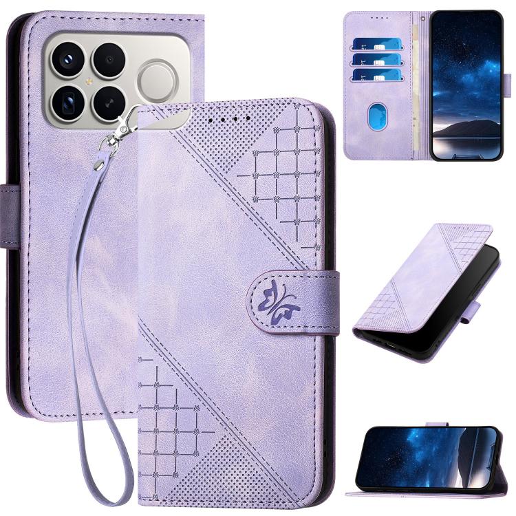 

For Redmi K90 Pro Max / Poco F8 Ultra Grid Butterfly Embossed Pattern Leather Phone Case with Lanyard(Light Purple)