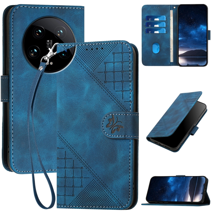 

For Xiaomi 14 Ultra YX0080 Grid Butterfly Embossed Pattern Flip Leather Phone Case with Lanyard(Dark Blue)