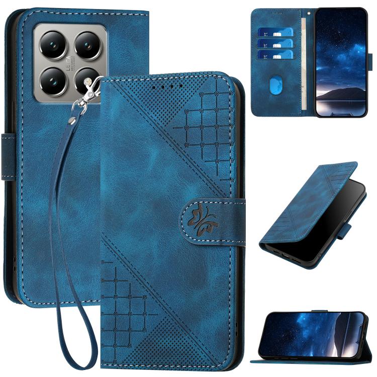 

For Xiaomi 15T Pro 5G Grid Butterfly Embossed Pattern Leather Phone Case with Lanyard(Dark Blue)