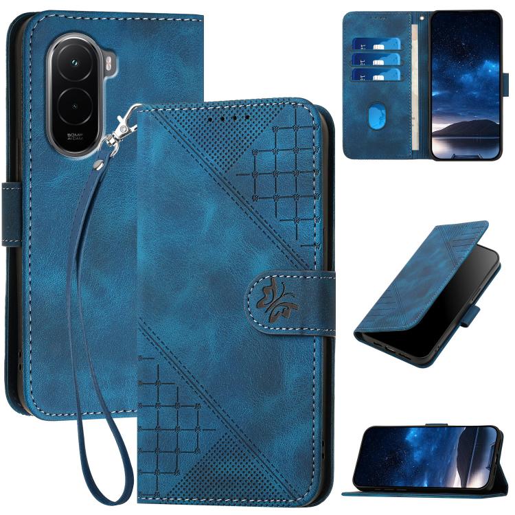 

For Xiaomi Poco M7 4G 169mm Grid Butterfly Embossed Pattern Leather Phone Case with Lanyard(Dark Blue)