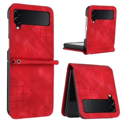 

For Samsung Galaxy Z Flip4 YX0080 Grid Butterfly Embossed Pattern Flip Leather Phone Case with Lanyard(Red)