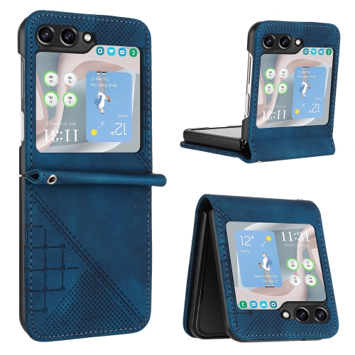 

For Samsung Galaxy Z Flip5 YX0080 Grid Butterfly Embossed Pattern Flip Leather Phone Case with Lanyard(Dark Blue)