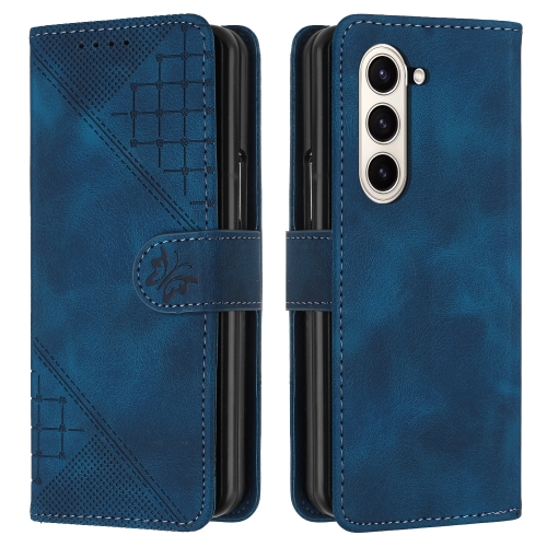 

For Samsung Galaxy Z Fold6 YX0080 Grid Butterfly Embossed Pattern Flip Leather Phone Case with Lanyard(Dark Blue)