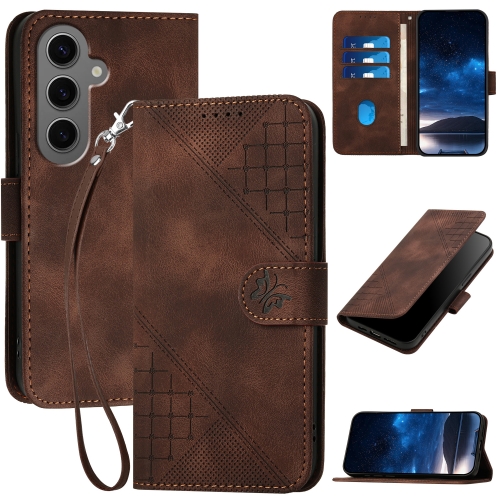 

For Samsung Galaxy S24+ 5G YX0080 Grid Butterfly Embossed Pattern Flip Leather Phone Case with Lanyard(Coffee)