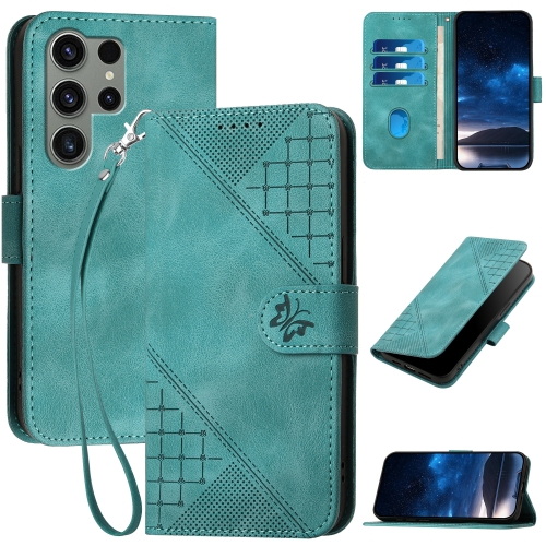 

For Samsung Galaxy S23 Ultra 5G YX0080 Grid Butterfly Embossed Pattern Flip Leather Phone Case with Lanyard(Light Blue)