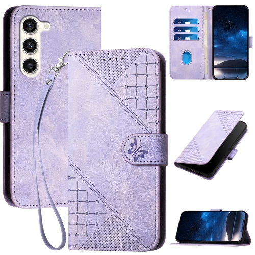 

For Samsung Galaxy S23 5G YX0080 Grid Butterfly Embossed Pattern Flip Leather Phone Case with Lanyard(Light Purple)