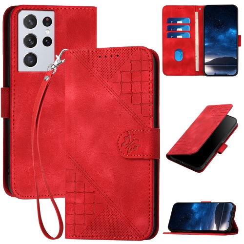 

For Samsung Galaxy S21 Ultra 5G YX0080 Grid Butterfly Embossed Pattern Flip Leather Phone Case with Lanyard(Red)