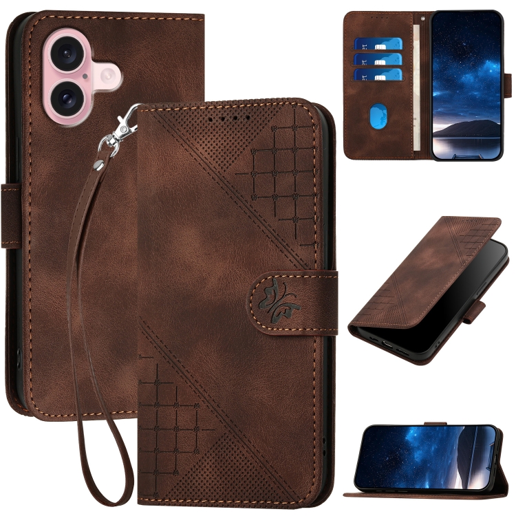

For iPhone 16 YX0080 Grid Butterfly Embossed Pattern Flip Leather Phone Case with Lanyard(Coffee)