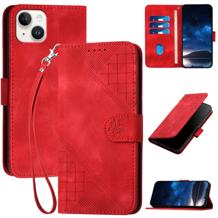 

For iPhone 15 Plus YX0080 Grid Butterfly Embossed Pattern Flip Leather Phone Case with Lanyard(Red)