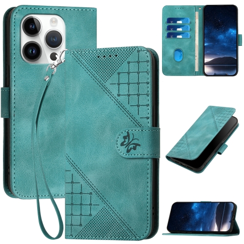 

For iPhone 14 Pro YX0080 Grid Butterfly Embossed Pattern Flip Leather Phone Case with Lanyard(Light Blue)