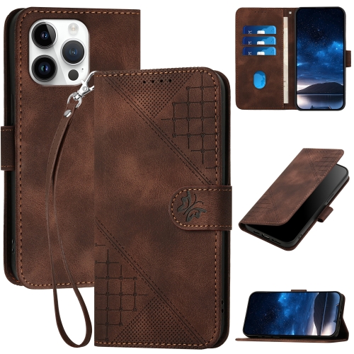 

For iPhone 14 Pro Max YX0080 Grid Butterfly Embossed Pattern Flip Leather Phone Case with Lanyard(Coffee)