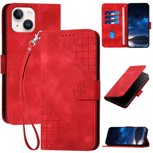 

For iPhone 13 YX0080 Grid Butterfly Embossed Pattern Flip Leather Phone Case with Lanyard(Red)