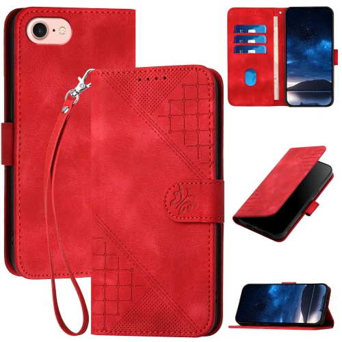 

For iPhone 7 / 8 / SE 2022 YX0080 Grid Butterfly Embossed Pattern Flip Leather Phone Case with Lanyard(Red)