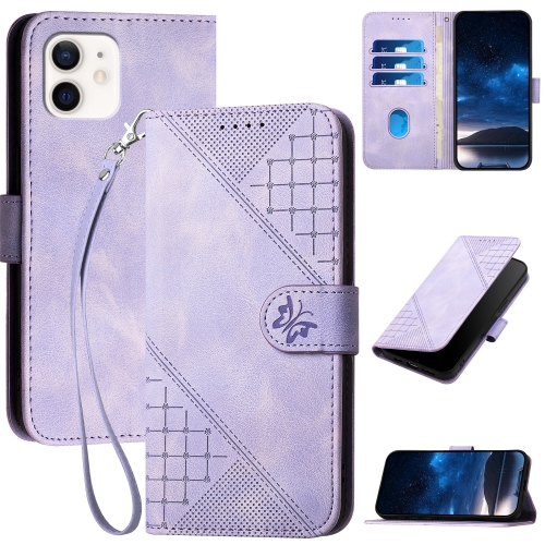 

For iPhone 12 / 12 Pro YX0080 Grid Butterfly Embossed Pattern Flip Leather Phone Case with Lanyard(Light Purple)